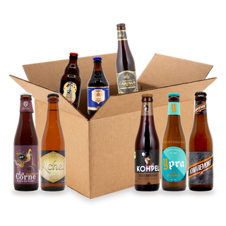 Belgisch bierpakket: dubbel, tripel, quadrupel: doos met de bieren uit de box
